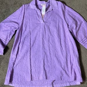 Badgley Mischka Womens Button Down Collared 3/4 Sleeve Blouse Purple Size XL